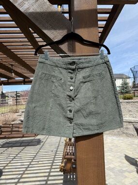 Button-Front A-Line Mini Skirt in Olive Green Corduroy